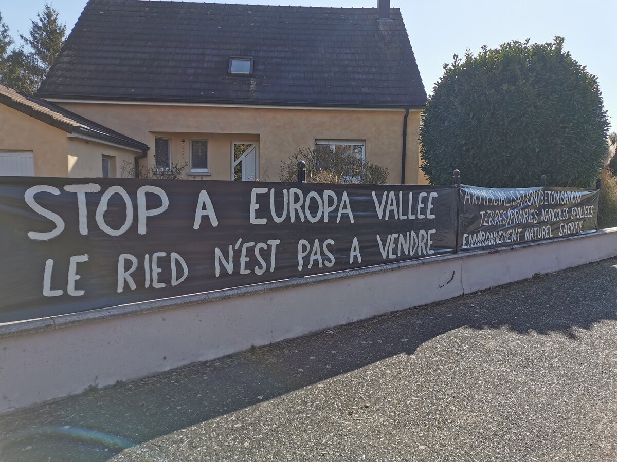 Deux banderoles sur un muret à Schœnau : « Stop à Europa Vallée — Le Ried n'est pas à vendre » et « Artificialisation/Bétonnisation — Terres/Prairies agricoles spoliées — Environnement naturel sacrifié »