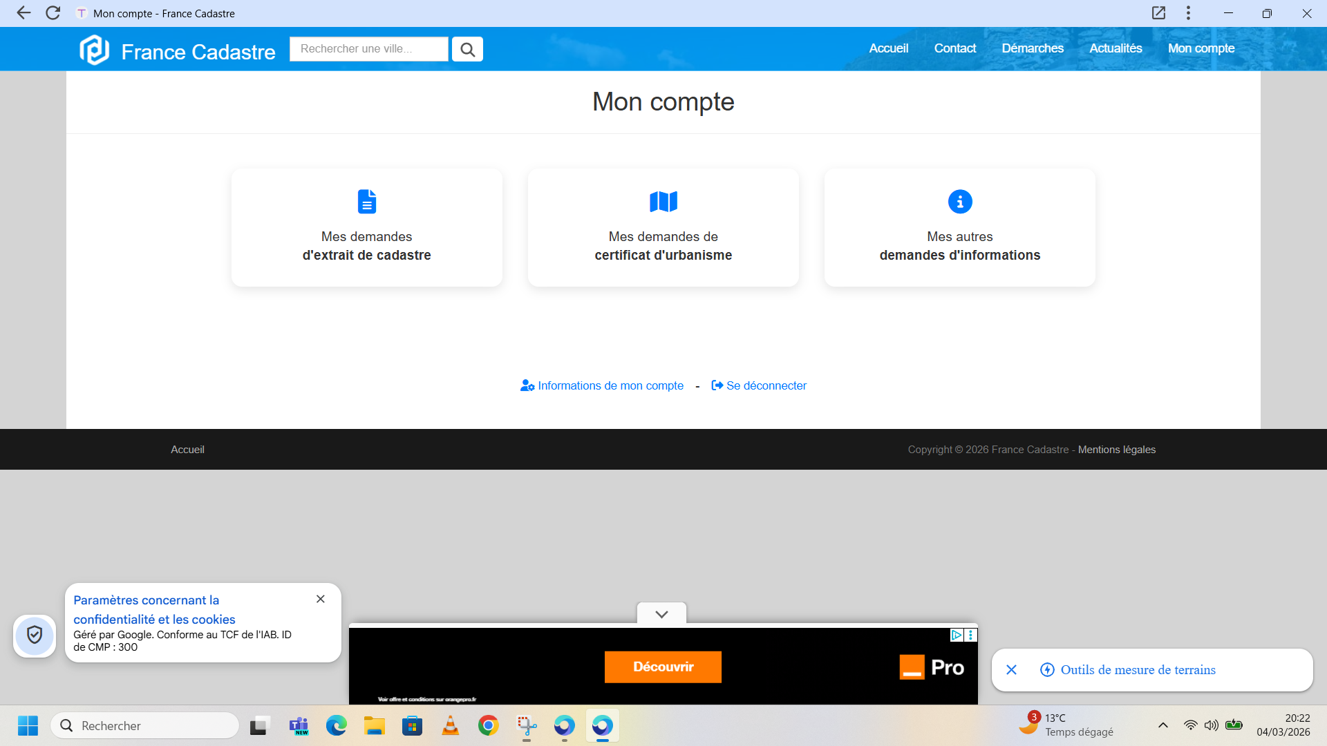Page Mon Compte sur france-cadastre.fr
